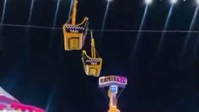 VIDEO: Diversión y pánico; cae canastilla de juego de feria conocida como ‘Teleférico’